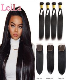 Brazilian Straight Hair 4 Bundles With Lace Closure Silky Human Hair Natural Colour Middle Three part Lace Closure 5 Pieceslo2368678