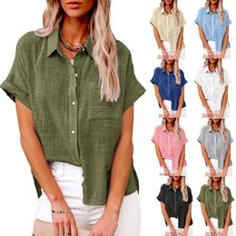 Women's T Shirts Short Sleeve Solid Colour Shirt 2024 Summer Pocket Fashion Plus Size Button Lapel Panel Loose Top S-5XL