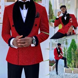 Suits Glitter Red Sequins Mens Suits Groom Wedding Tuxedo Double Breasted Blazer Formal Business Prom Dress 2 Pieces Traje De Hombre