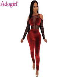 Adogirl Sheer Mesh Patchwork Velvet Jumpsuit Women Sexy Cold Shoulder Long Sleeve Skinny Romper Night Club Overalls Bodysuits T2002982296