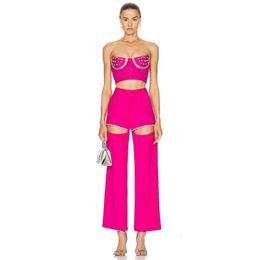 New Rose Red Bandage High Street Fashion Bra Top Wide Leg Pants Set