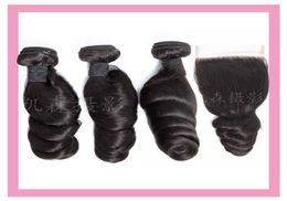 Brazilian Virgin Hair 3 Bundles With 4X4 Loose Wave 4Pieceslot Hair Extensions Loose Wave Bundles With Lace Closure Natural Color7944760