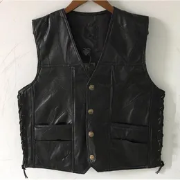 Men's Vests Motorcycle Vest Leather Waistcoat Male Biker Genuine Button Lace Up Autumn Sleeveless Jacket For Men