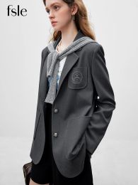 Blazers FSLE Classic Preppy Style Oversize Design Silhouette Blazer for Women's New Autumn Winter Loose Sense Grey Suit Coats Female