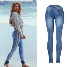 Jeans Low Waist Fashion Side Stripe Skinny Jeans Women Slim Embroidered Gold Sequin Vaqueros Mujer High Street Push Up Calca Denim