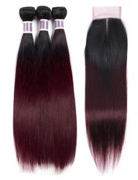 1B99J Dark Red Ombre Human Hair 3 Bundles with 4x4 Lace Closure Straight Brazilian Virgin Hair Weave Coloured Hair Extensions 1028341147