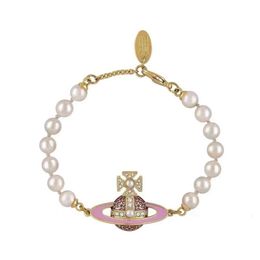 Designer VivieneWestwoods Empress Dowager Vivienne Enamel Full Diamond Saturn Pearl Bracelet Womens Classic Pink Planet Bracelet