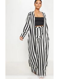 Plus Size Long Sleeve Black White Striped Set African Clothes High Waist Wide Leg Pants Two Piece Elegant OL Ladies Clothing 240226