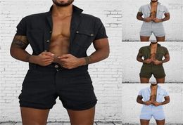 New Men Overalls Casual Lapel Short Sleeve Rompers Solid Overall 1pc Buttons Jumpsuit Pocket Summer Clothes Male Beach LJ2011259531798