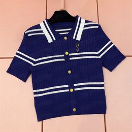 Striped Polo Shirt Knits Tees Short Sleeve Knitted T Shirts For Women Embroidered Letters Sweater Tops