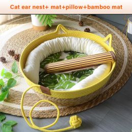 Mats Four Seasons Cat Nest Warm Cat Rattan Nest Removable Padded Sleeping House Cat Scratching Floor Rattan Washable Cat Supplies