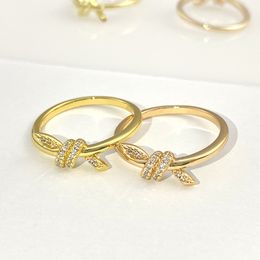 Knot Ring T Family Trendy and Personalised Knot Cross Bow with Diamonds for Valentines Day Versatile Titanium Steel Pair Ring Electroplated