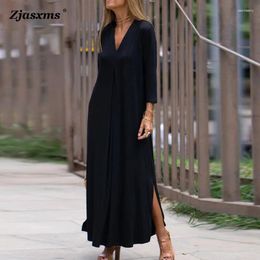 Casual Dresses Sexy Deep V Neck 3/4 Sleeved Knitted Long Split Dress Elegant Women Solid Color Maxi Fashion 2024 Autumn Loose Party