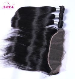 8A Brazilian Straight Virgin Hair Weaves 3 Bundles With Ear to Ear Lace Frontal Closures Peruvian Indian Malaysian Cambodian Remy 7631019