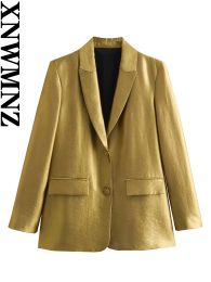 Blazers XNWMNZ Women's Fashion 2023 Straight Golden Blazer Women High Street Lapel Long Sleeve Pocket Versatile Female Suit Coat