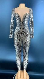 Stage Wear 2024 Mirror Transparent Chest Sexy Jumpsuit Prom Party Birthday Celebrate Outfit Women Shiny Lens Bar Singer Dancer