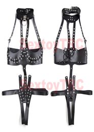 Sexy Open Crotch Breast Body Harness Crotchless Dominatrix Costume Faux Leather Black Studded BDSM Bondage Corset Straps for Femal9345309