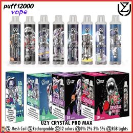 Original UZY Crystal Pro Max Puff 10000 Disposable Vape Mesh Coil Rechargeable 10K Puffs E Cigarettes 0% 2% 3% 5% Vaper 12 Colors with RGB Color Lights