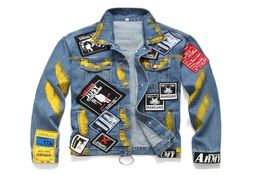 Autumn and Winter New Men039s Patch Denim Jacket Yellow Paint Embroidery Loose Blue Jacket Lapel Skull Cowboy Coat Long Sleeves8459316