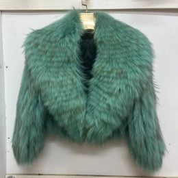 Fur Luxury New Winter 2023 100% Raccoon Dog Fur Coat for Women,Lotus Collar Short Coat,Covered Button Jacket, Fashion,