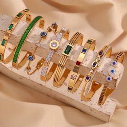 Bangle Rectangular Round Shell Demon Eye Blue Eyes Hollow Line Rhinestone Zircon Closed Bracelet 18K Gold Plated Stainless Steel