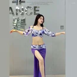 Stage Wear Belly Dance Practise Clothes Suit Mesh Printing Half Sleeves Top Long Skirt 3pcs For Women Dancing Training