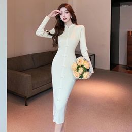 Casual Dresses QW Chinese Style Famous Cheongsam Knitted Autumn And Winter Elegant Slim Fit Base Ride Woollen Skirt Dress