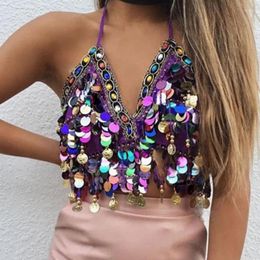 Stage Wear 2024 Sequin Halter Bra Top Salsa Belly Dance Boho Festival Clubbing Tribal BH Lady Shiny Sequins