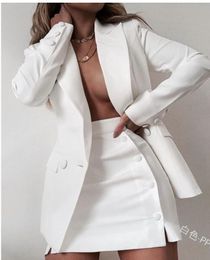 High quality Women's Sexy Mini Skirt Suits 2 Pcs Formal Business Outfits Long Sleeve elegant white black color Blazer Jacket Sets Uniforms Office coat for Ladies