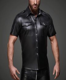 Men039s TShirts Men Sexy Wetlook Latex Button Soft Faux PU Leather Shirt Tops Clubwear Fetish Punk Lingerie Bodysuit Shirts9272997