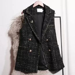 Vintage Tweed Vest for Women Black Vneck Double Breasted Sleeveless Jackets Autumn Winter Korean Office Lady Waistcoat L60 240226