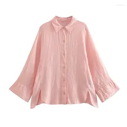 Women's Blouses 2024 Summer Wear Lapel Long-sleeved Pink All-match Single-breasted Button Slit Linen Shirt Loose Sun Protection Top