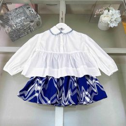 Fashion kids dress sets high quality child tracksuits baby girl clothes Size 110-160 White long sleeved shirt and blue short skirt 24Feb20