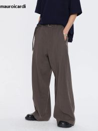 Pants Mauroicardi Spring Autumn Loose Casual Brown Black Wide Leg Emo Pants for Mens with Belt Luxury Designer Men Clothing Streetwear