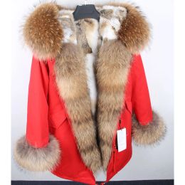 Fur maomaokong winter natural raccoon fur collar real fur coat red army green natural rabbit fur lined parkas winter coat women