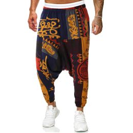 Pants 2022 Summer Men Drop Crotch Crosspants Mens Print Joggers Baggy Hiphop Trousers Male Streetwear Retro Linen Wide Leg Pants 3XL