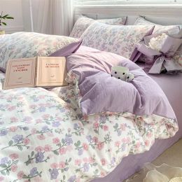 Set Class A washed cotton linen 4piece set small fresh bedding Double yarn quilt set floral bed sheet dormitory 3piece set