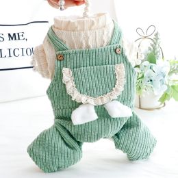 Rompers Autumn and Winter Plus Velvet Strap Pants Fourlegged Thick Dog Suit Clothes for Small Dog Green Pink Colours Jumpsuits for Pets