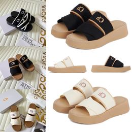 2024 Woody Mules Designer Mila Slippers Slides Sandals Women Flat Slider Flip Flops Canvas Rubber Beige White Black Lace Lettering Fabric Womens Summer Slipper 35-42