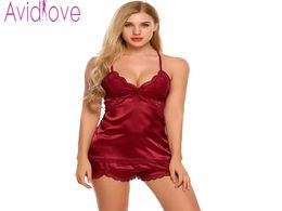 Avidlove Sexy Pyjamas Women Lace Pyjamas 2017 New Sexy Satin Nightwear 4 Colours Plus Size Lace Nightgown Satin Sleepwear Set6384749