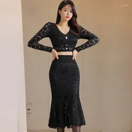 Work Dresses 2024 Autumn Winter Lace Two Piece Set Women Sexy V-Neck Tops Fashion Mermaid Skirt Casual Office Suits Skirts