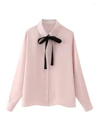 Women's Blouses Girls Single Breated Turn-Down Collar Casual Satin Feeling Loose Tops Womens Fashion Bow Lace Up Tie Spring Pink Long Shirts