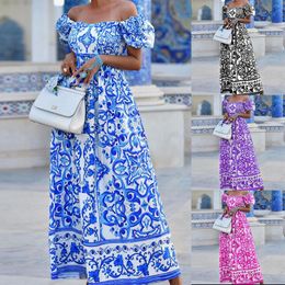 Exclusive Style Women's Fashion Forward Spring Bohemian Floral Print Off-Shoulder A-Line Dress Available in Blue Black Purple and Magenta Sizes S-XL