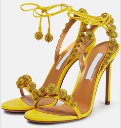 Luxury designer aquazzura&sandal Disco Dancer Sandals Beads Crystal-embellished Ankle Ties Stiletto Heel Dress Wedding party brider sandal sexy style with box 35-42