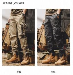 Pants New American Retro Outdoor Hip Hop Workwear Pants for Men's Trendy Elastic Waist Zipper Simple Large Pocket Tied Casual Pants