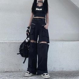 Women's Pants Deeptown Gothic Techwear Emo Black Cargo Women Punk Oversize Hollow Out Wide Leg Pocket Trousers For Female Goth Hip Hop
