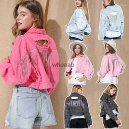 Women's Jackets Jackets Fashion Denim Jean Coat Winter High Street Ripped Rhinestone Fringed Coats 240301