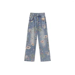 Women's Jeans Korean Version Women Baggy Y2k Flower Print StreetwearCowboy Trousers High Waist Wide Leg Blue Denim Pants Fashion Clothes