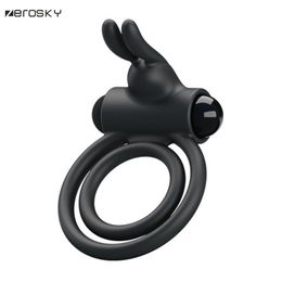 Zerosky Double Lock Male Vibrating Penis Ring Time Delay Cock Ring Male masturbation Rabbit Ear Vibrator Sex Toys for Men Y18928046739236
