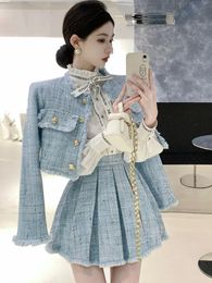 High Quality Fashion Tassel Design Small Fragrance 2 Piece Sets Women Outfit Long Sleeve Short Jacket Coat Pleated Skirt Suits 240219
